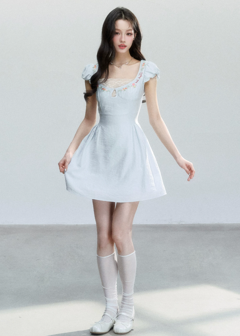 fragileheart dress, blue embroidered dress, lace mini dress, korean feminine dress, sweet summer dress, resort style dress, daisy embroidered dress, soft blue mini dress, feminine korean fashion, summer date dress, floral lace dress, romantic mini dress