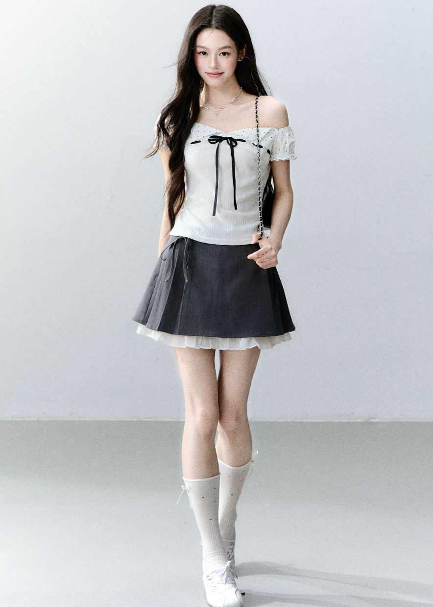 fragileheart top, square neck ribbon top, vintage korean top, off shoulder t-shirt, waist cinching top, polka dot sleeve top, feminine korean fashion, literary girl top, sweet ribbon tee, korean summer top, romantic fitted top, soft girl fashion