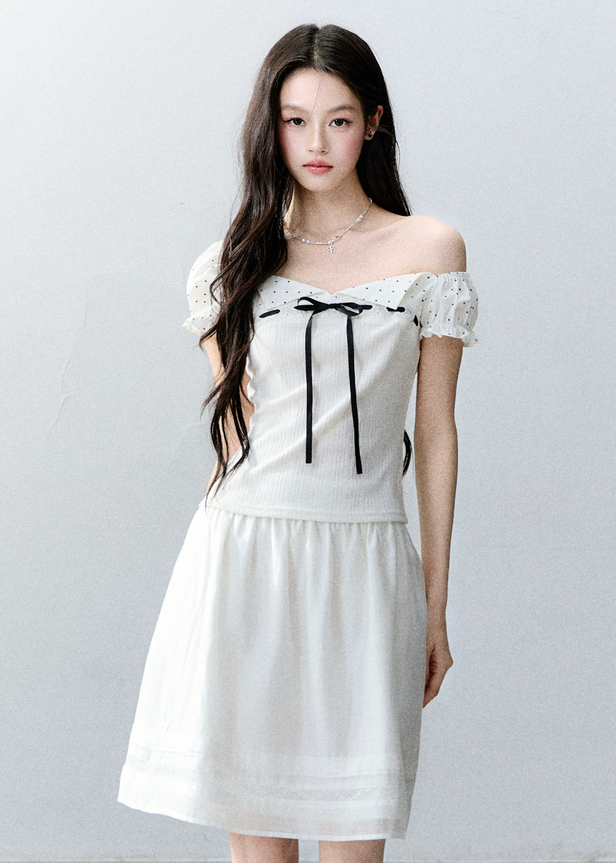 fragileheart top, square neck ribbon top, vintage korean top, off shoulder t-shirt, waist cinching top, polka dot sleeve top, feminine korean fashion, literary girl top, sweet ribbon tee, korean summer top, romantic fitted top, soft girl fashion