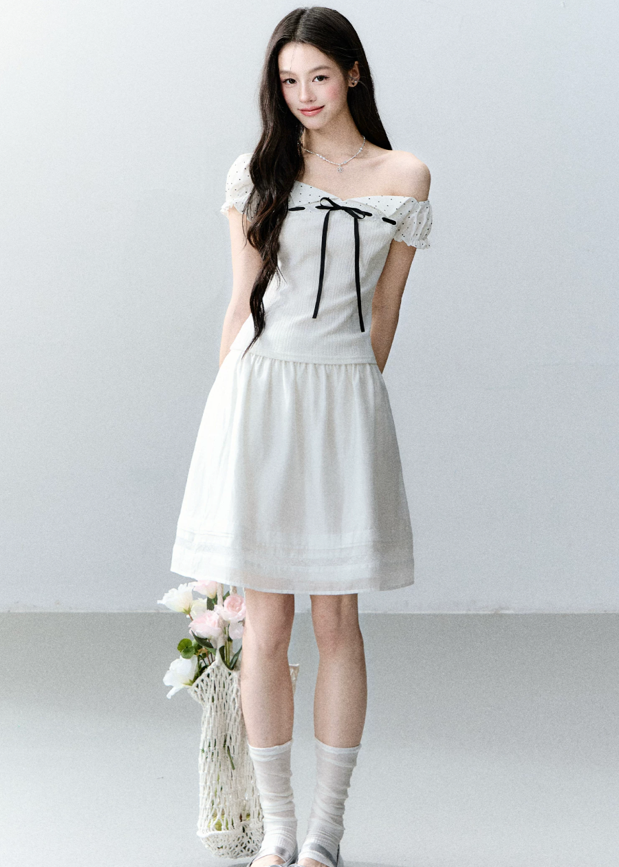 fragileheart top, square neck ribbon top, vintage korean top, off shoulder t-shirt, waist cinching top, polka dot sleeve top, feminine korean fashion, literary girl top, sweet ribbon tee, korean summer top, romantic fitted top, soft girl fashion