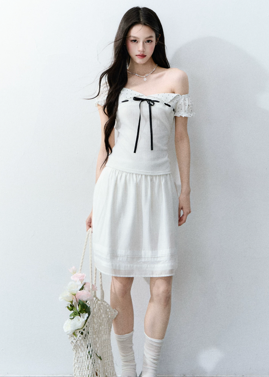 fragileheart top, square neck ribbon top, vintage korean top, off shoulder t-shirt, waist cinching top, polka dot sleeve top, feminine korean fashion, literary girl top, sweet ribbon tee, korean summer top, romantic fitted top, soft girl fashion