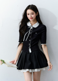 fragileheart cardigan, doll collar cardigan, korean collegiate top, ribbon knit cardigan, preppy cardigan top, feminine korean fashion, color block cardigan, pearl button cardigan, academy style top, sweet knit top, black doll collar top, korean preppy fashion