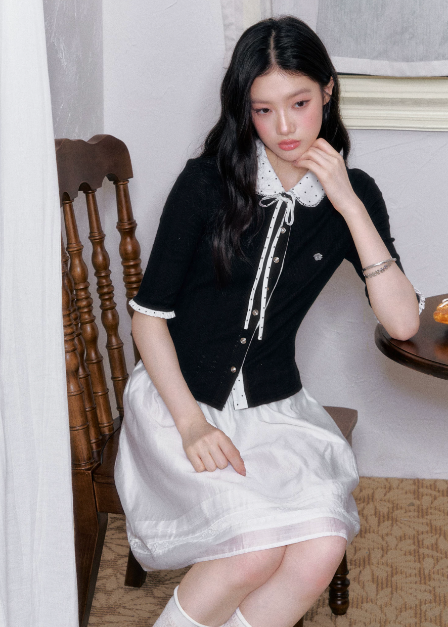 fragileheart cardigan, doll collar cardigan, korean collegiate top, ribbon knit cardigan, preppy cardigan top, feminine korean fashion, color block cardigan, pearl button cardigan, academy style top, sweet knit top, black doll collar top, korean preppy fashion