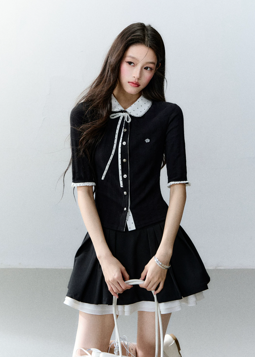 fragileheart cardigan, doll collar cardigan, korean collegiate top, ribbon knit cardigan, preppy cardigan top, feminine korean fashion, color block cardigan, pearl button cardigan, academy style top, sweet knit top, black doll collar top, korean preppy fashion