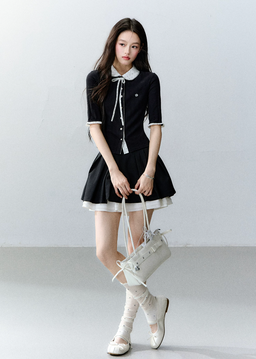 fragileheart cardigan, doll collar cardigan, korean collegiate top, ribbon knit cardigan, preppy cardigan top, feminine korean fashion, color block cardigan, pearl button cardigan, academy style top, sweet knit top, black doll collar top, korean preppy fashion