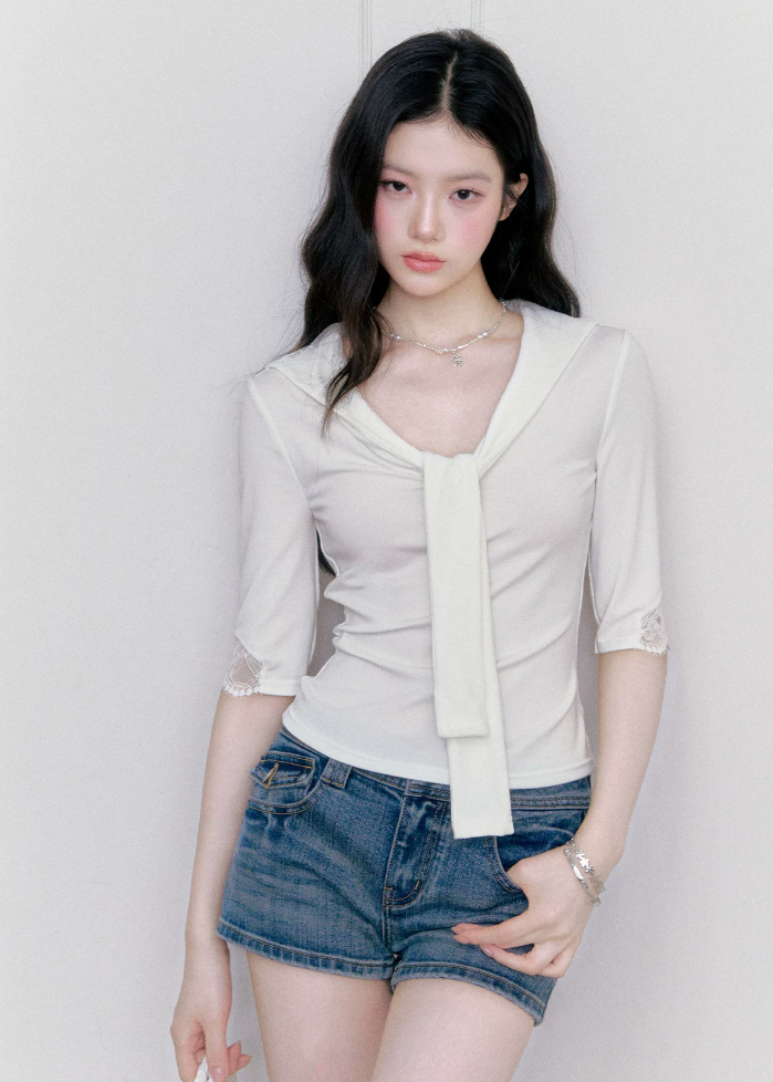 fragileheart top, white lace tie top, korean feminine top, pure desire lace top, slim lace t-shirt, tie neck top women, glass candy top, feminine korean fashion, lace summer top, soft white blouse, romantic fitted top, korean summer outfit