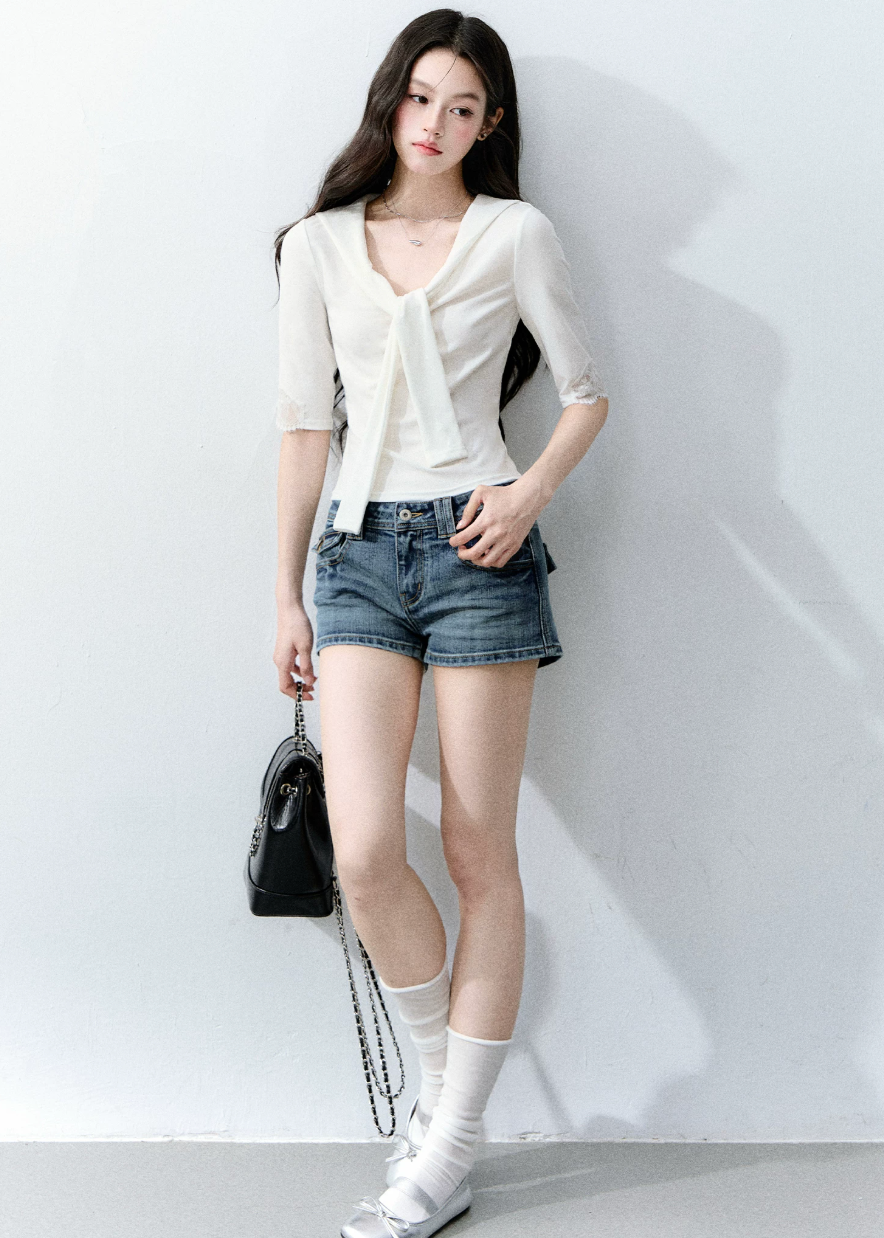 fragileheart top, white lace tie top, korean feminine top, pure desire lace top, slim lace t-shirt, tie neck top women, glass candy top, feminine korean fashion, lace summer top, soft white blouse, romantic fitted top, korean summer outfit