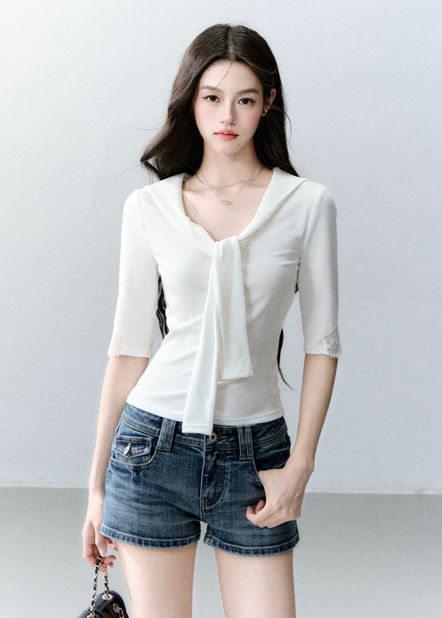 fragileheart top, white lace tie top, korean feminine top, pure desire lace top, slim lace t-shirt, tie neck top women, glass candy top, feminine korean fashion, lace summer top, soft white blouse, romantic fitted top, korean summer outfit