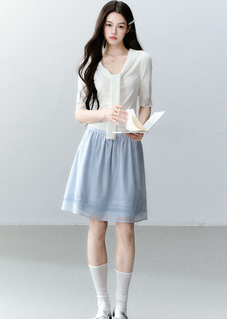 fragileheart top, white lace tie top, korean feminine top, pure desire lace top, slim lace t-shirt, tie neck top women, glass candy top, feminine korean fashion, lace summer top, soft white blouse, romantic fitted top, korean summer outfit