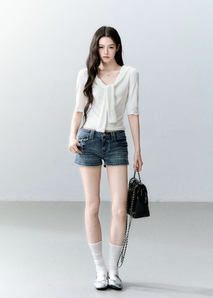 fragileheart top, white lace tie top, korean feminine top, pure desire lace top, slim lace t-shirt, tie neck top women, glass candy top, feminine korean fashion, lace summer top, soft white blouse, romantic fitted top, korean summer outfit