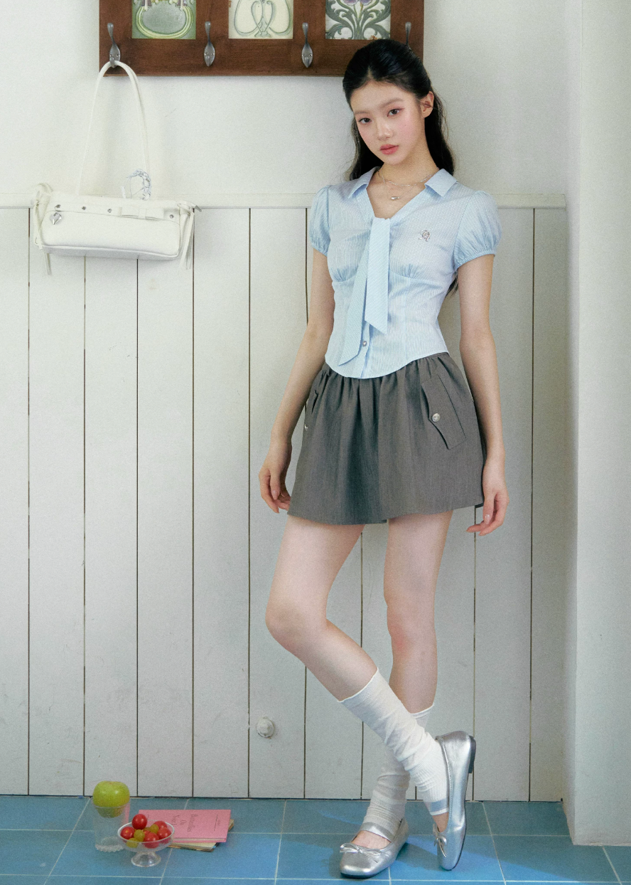 fragileheart top, blue striped shirt, korean collegiate top, academy style shirt, waist cinching top, slim fit shirt, feminine korean fashion, preppy stripe top, short sleeve collar shirt, korean summer top, soft blue shirt, campus style outfit
