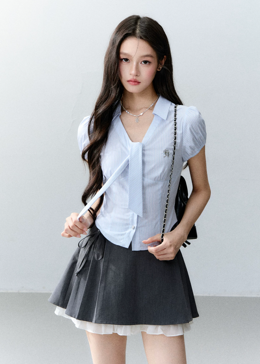 fragileheart top, blue striped shirt, korean collegiate top, academy style shirt, waist cinching top, slim fit shirt, feminine korean fashion, preppy stripe top, short sleeve collar shirt, korean summer top, soft blue shirt, campus style outfit