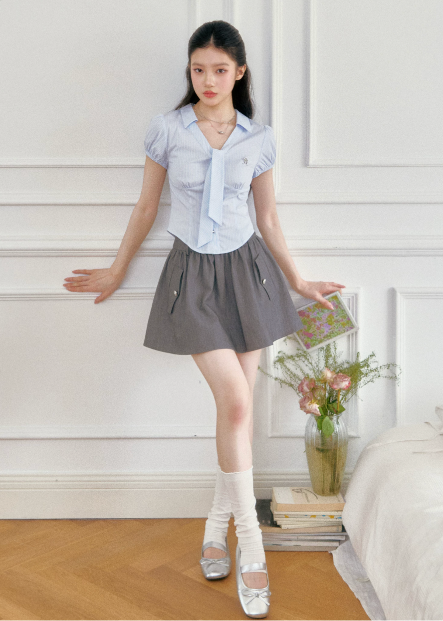 fragileheart top, blue striped shirt, korean collegiate top, academy style shirt, waist cinching top, slim fit shirt, feminine korean fashion, preppy stripe top, short sleeve collar shirt, korean summer top, soft blue shirt, campus style outfit