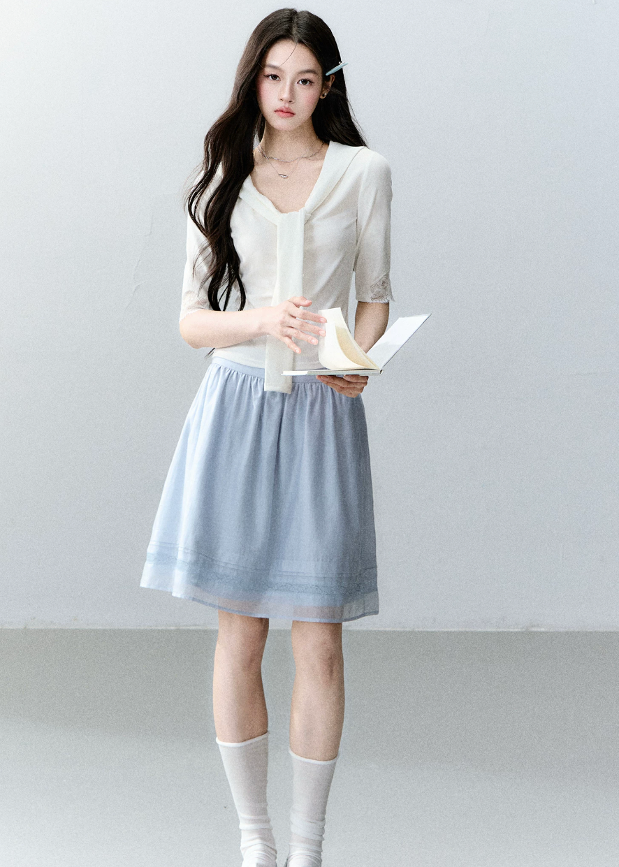 fragileheart skirt, blue white mini skirt, korean a line skirt, tencel mini skirt, feminine korean skirt, summer short skirt, soft girl skirt, korean campus skirt, white mini skirt, blue mini skirt, versatile summer skirt, korean fashion skirt