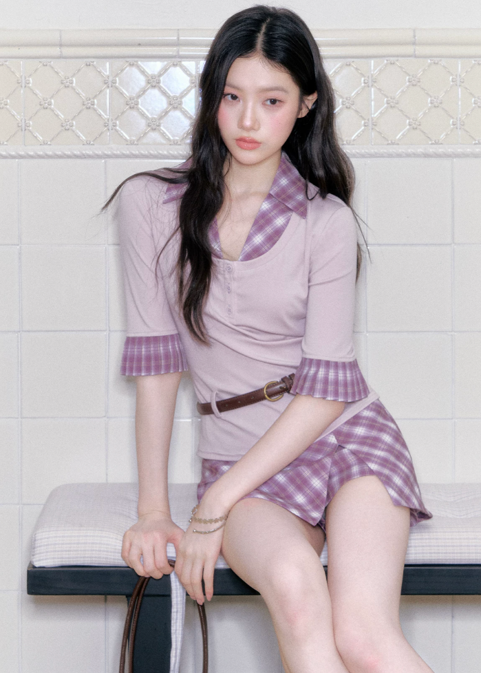 fragileheart set, purple plaid two piece set, korean academy outfit, plaid shirt skirt set, feminine korean fashion, campus style set, slim shirt top, plaid mini skirt set, soft girl outfit, korean preppy set, lavender plaid set, romantic collegiate outfit
