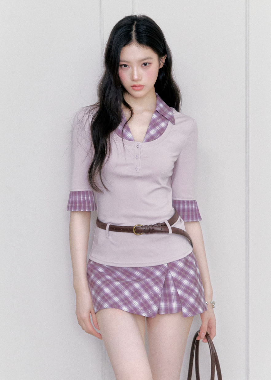 fragileheart set, purple plaid two piece set, korean academy outfit, plaid shirt skirt set, feminine korean fashion, campus style set, slim shirt top, plaid mini skirt set, soft girl outfit, korean preppy set, lavender plaid set, romantic collegiate outfit