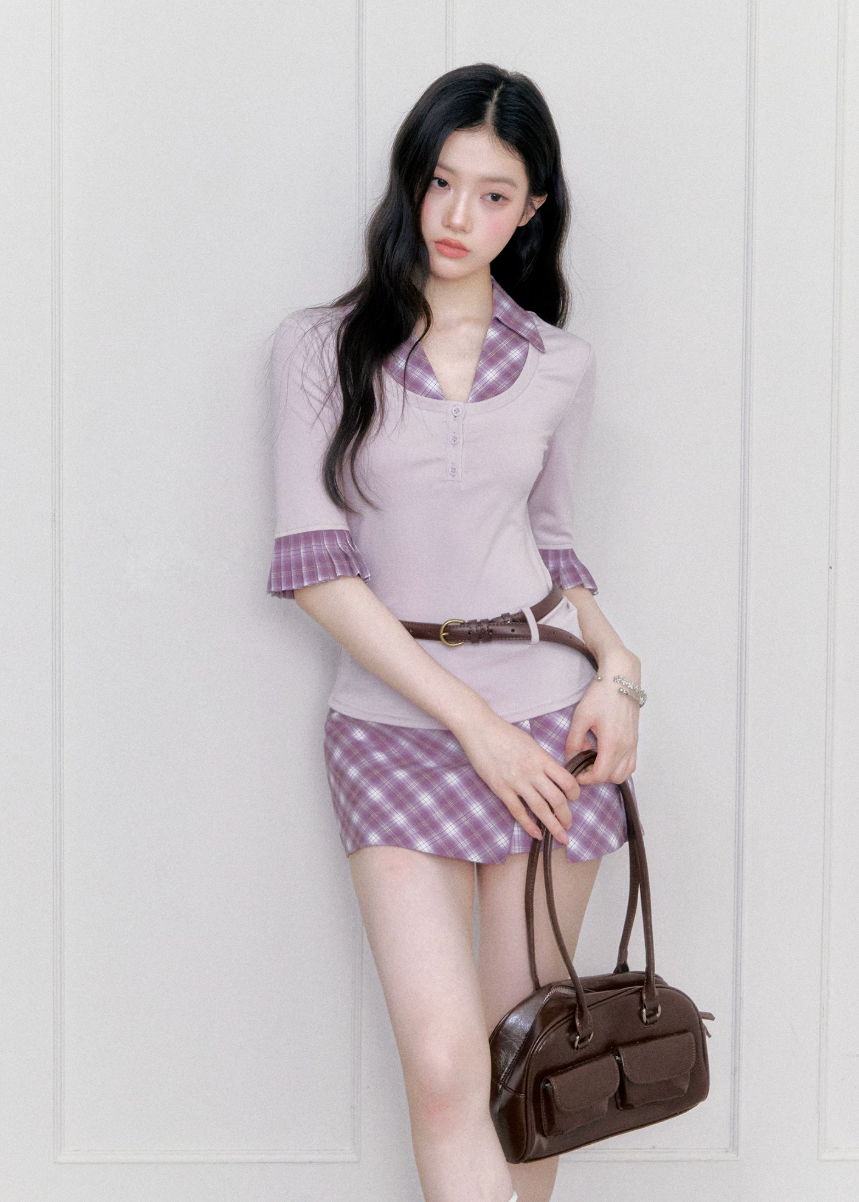 fragileheart set, purple plaid two piece set, korean academy outfit, plaid shirt skirt set, feminine korean fashion, campus style set, slim shirt top, plaid mini skirt set, soft girl outfit, korean preppy set, lavender plaid set, romantic collegiate outfit