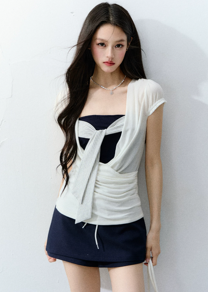 fragileheart top, korean summer top, color block top, layered summer top, strapless inner top, feminine korean fashion, preppy fitted top, contrast layered tee, cute summer top, soft girl korean outfit, ribbon detail top, stylish casual top