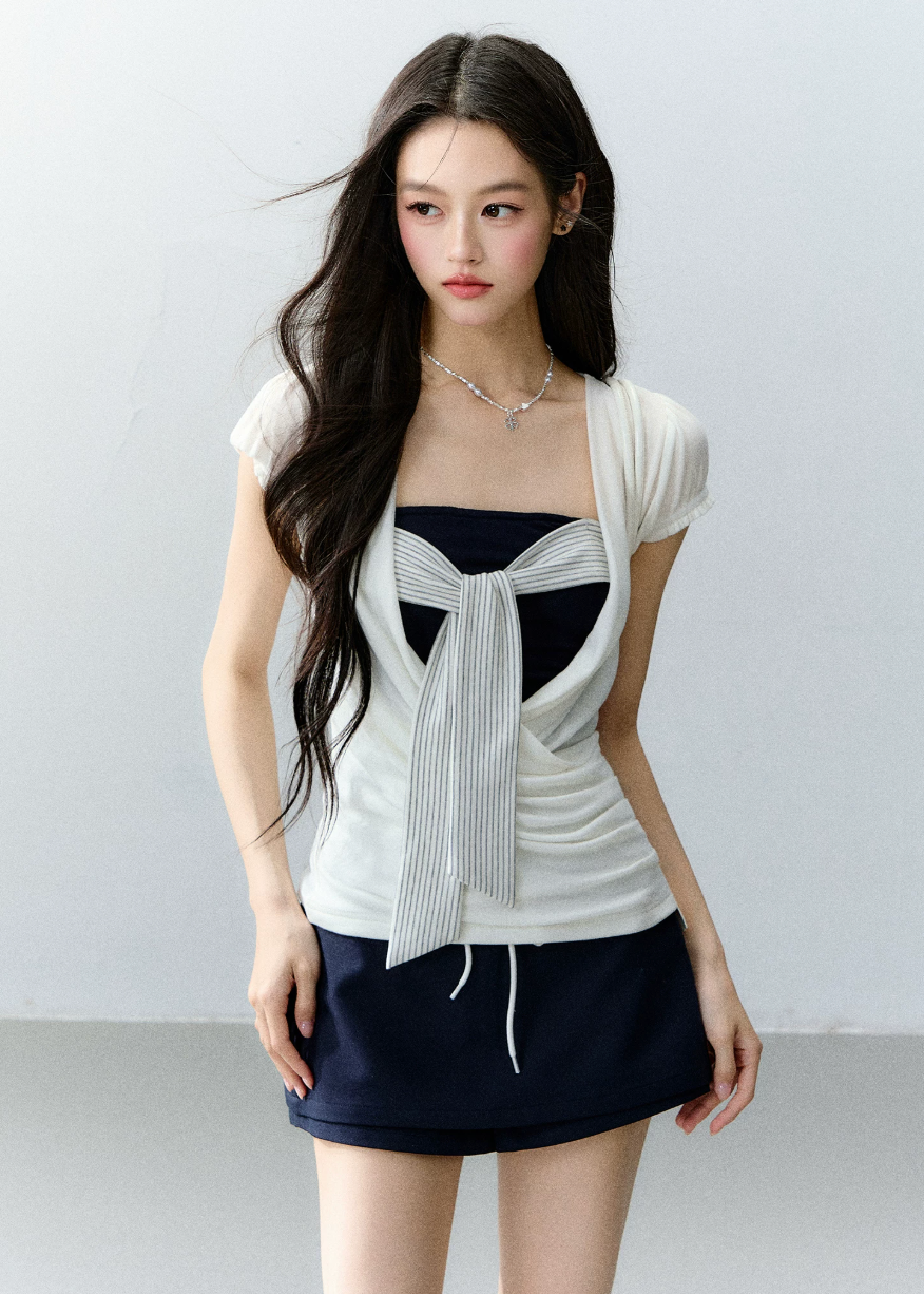 fragileheart top, korean summer top, color block top, layered summer top, strapless inner top, feminine korean fashion, preppy fitted top, contrast layered tee, cute summer top, soft girl korean outfit, ribbon detail top, stylish casual top