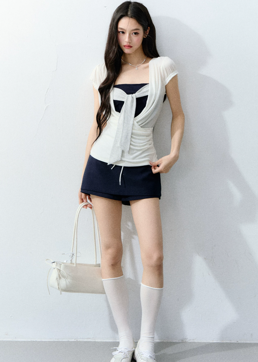 fragileheart top, korean summer top, color block top, layered summer top, strapless inner top, feminine korean fashion, preppy fitted top, contrast layered tee, cute summer top, soft girl korean outfit, ribbon detail top, stylish casual top