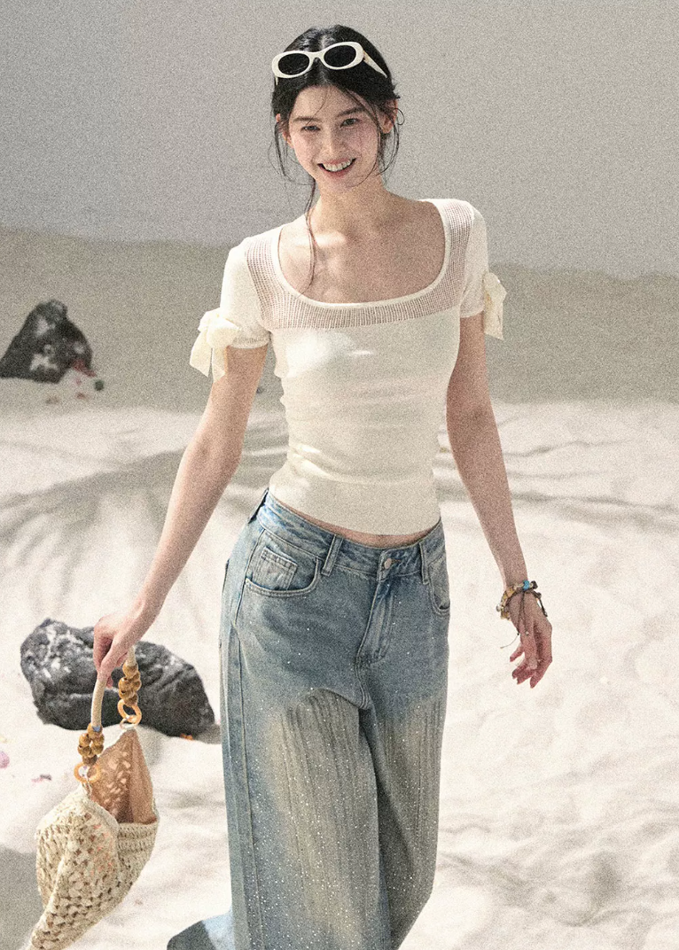aomalm top, off shoulder knit top, square neck summer top, ribbon sleeve top, feminine korean top, waist cinching top, lyocell slim top, blush pink summer top, spicy girl top, elegant fitted t shirt