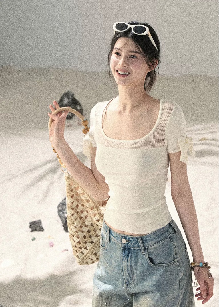 aomalm top, off shoulder knit top, square neck summer top, ribbon sleeve top, feminine korean top, waist cinching top, lyocell slim top, blush pink summer top, spicy girl top, elegant fitted t shirt