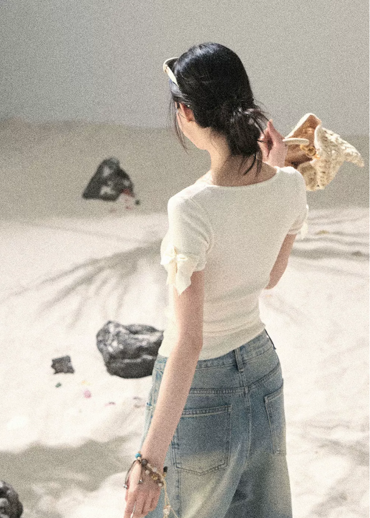 aomalm top, off shoulder knit top, square neck summer top, ribbon sleeve top, feminine korean top, waist cinching top, lyocell slim top, blush pink summer top, spicy girl top, elegant fitted t shirt