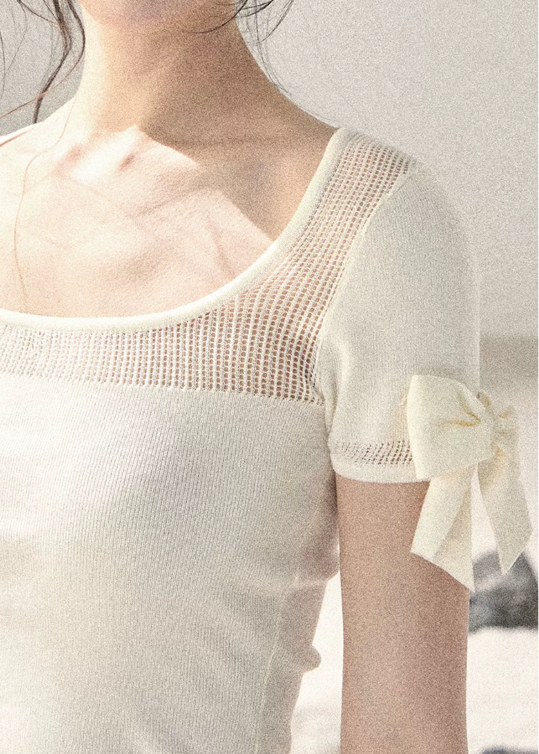 aomalm top, off shoulder knit top, square neck summer top, ribbon sleeve top, feminine korean top, waist cinching top, lyocell slim top, blush pink summer top, spicy girl top, elegant fitted t shirt