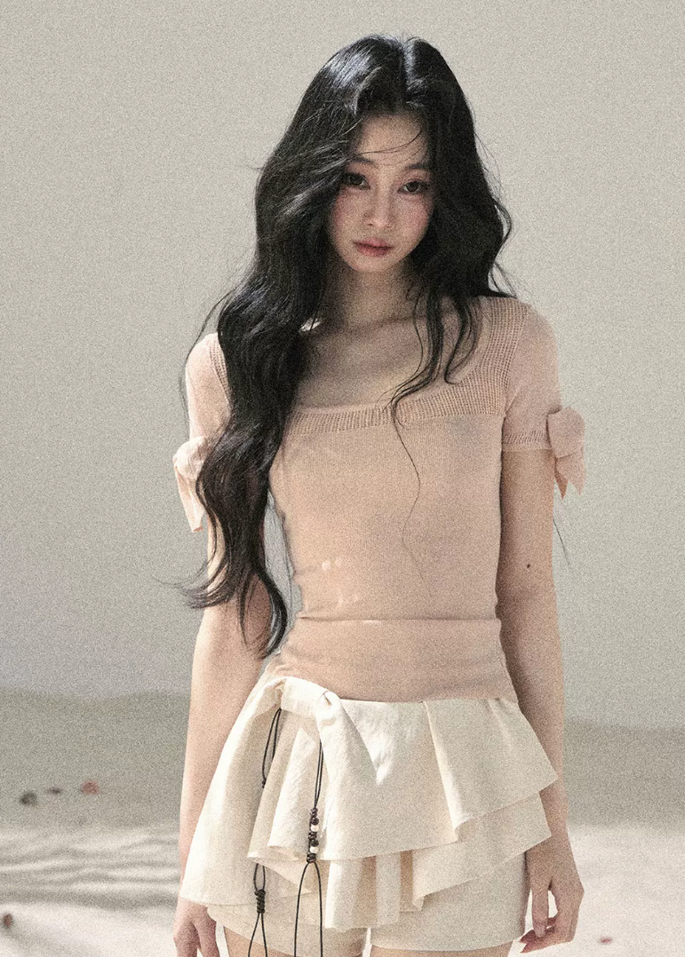 aomalm top, off shoulder knit top, square neck summer top, ribbon sleeve top, feminine korean top, waist cinching top, lyocell slim top, blush pink summer top, spicy girl top, elegant fitted t shirt