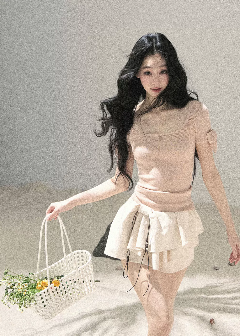 aomalm top, off shoulder knit top, square neck summer top, ribbon sleeve top, feminine korean top, waist cinching top, lyocell slim top, blush pink summer top, spicy girl top, elegant fitted t shirt