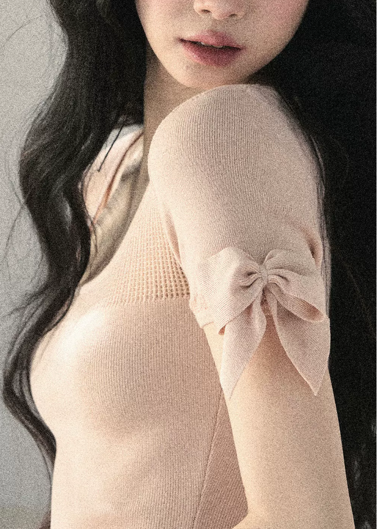aomalm top, off shoulder knit top, square neck summer top, ribbon sleeve top, feminine korean top, waist cinching top, lyocell slim top, blush pink summer top, spicy girl top, elegant fitted t shirt