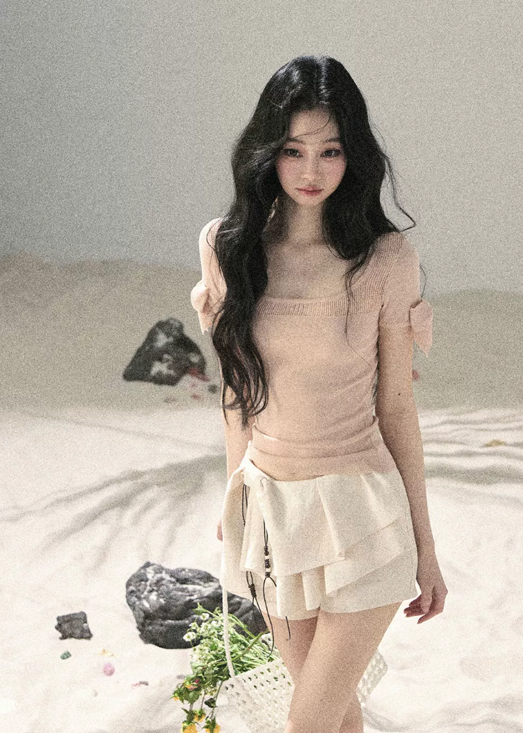 aomalm top, off shoulder knit top, square neck summer top, ribbon sleeve top, feminine korean top, waist cinching top, lyocell slim top, blush pink summer top, spicy girl top, elegant fitted t shirt