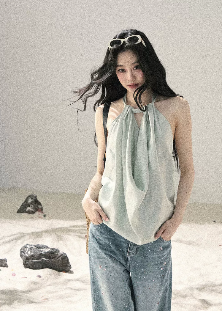aomalm top, halter top women, draped halter blouse, backless summer top, french style halter top, feminine korean top, silk feel sleeveless top, elegant summer blouse, cowl halter top, light sage top