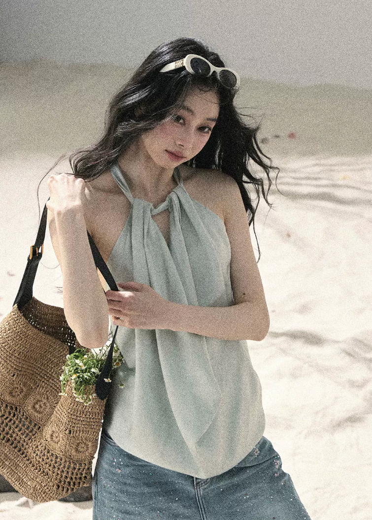 aomalm top, halter top women, draped halter blouse, backless summer top, french style halter top, feminine korean top, silk feel sleeveless top, elegant summer blouse, cowl halter top, light sage top