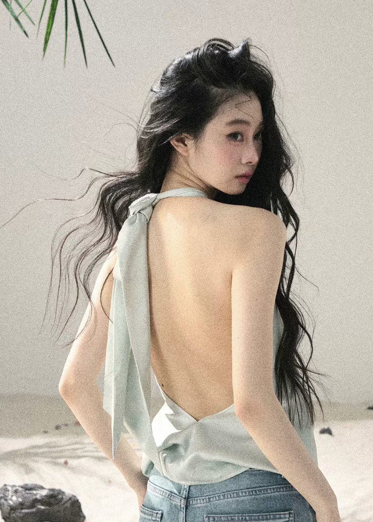 aomalm top, halter top women, draped halter blouse, backless summer top, french style halter top, feminine korean top, silk feel sleeveless top, elegant summer blouse, cowl halter top, light sage top