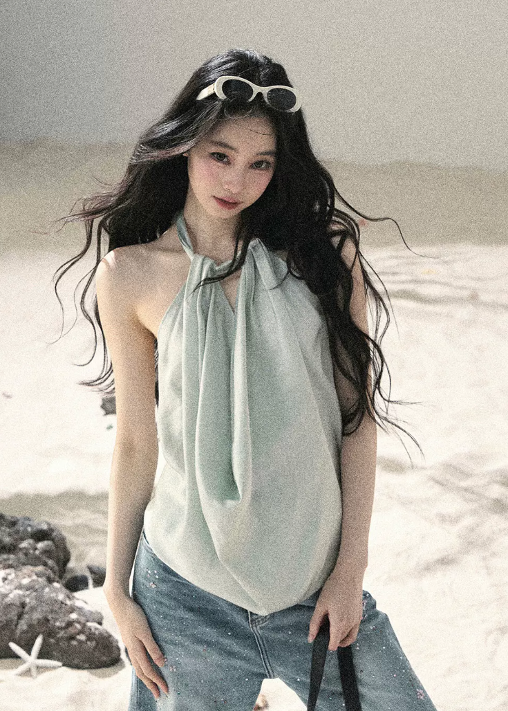 aomalm top, halter top women, draped halter blouse, backless summer top, french style halter top, feminine korean top, silk feel sleeveless top, elegant summer blouse, cowl halter top, light sage top