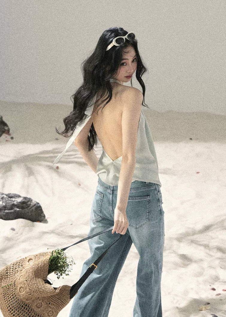 aomalm top, halter top women, draped halter blouse, backless summer top, french style halter top, feminine korean top, silk feel sleeveless top, elegant summer blouse, cowl halter top, light sage top