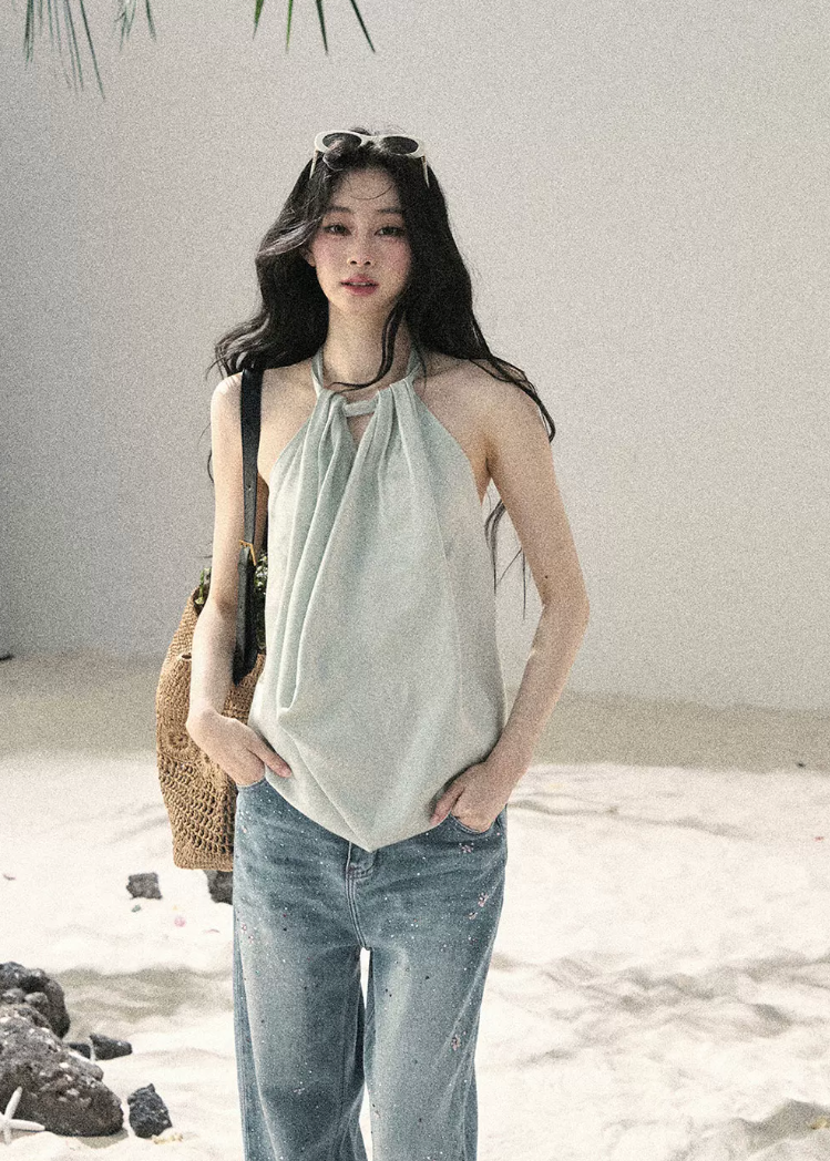 aomalm top, halter top women, draped halter blouse, backless summer top, french style halter top, feminine korean top, silk feel sleeveless top, elegant summer blouse, cowl halter top, light sage top