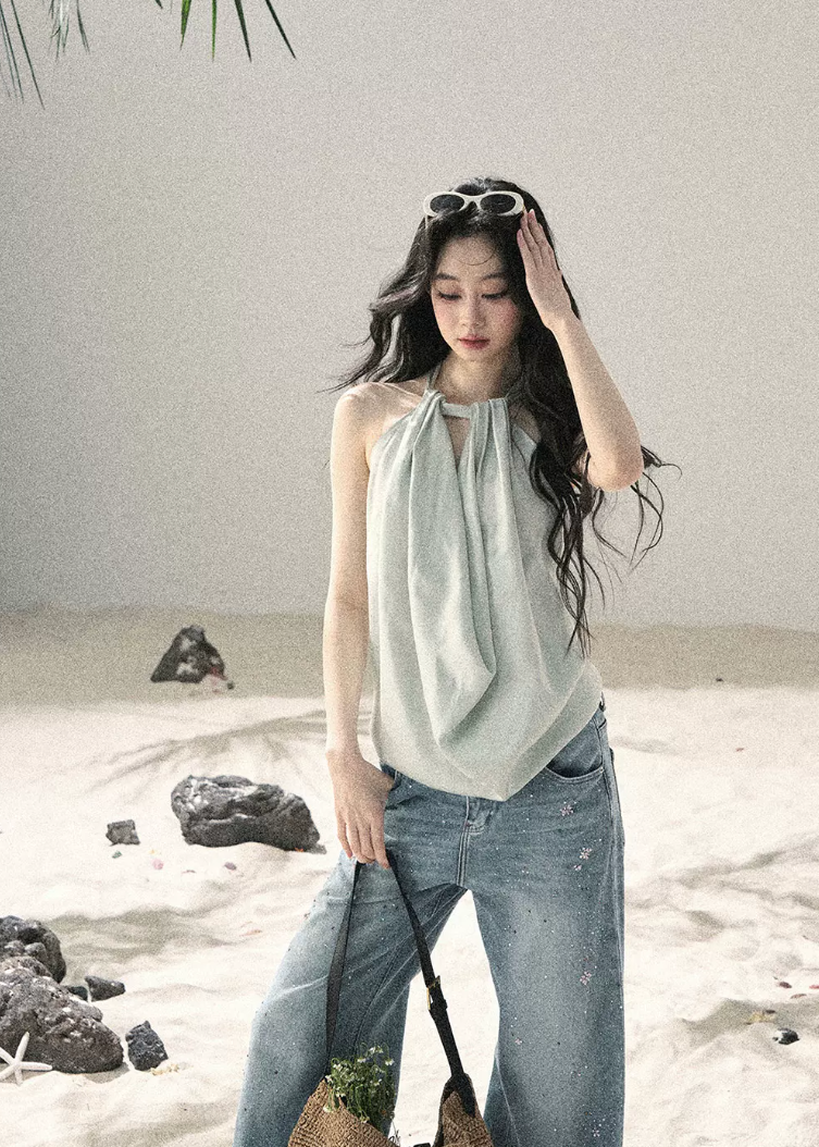 aomalm top, halter top women, draped halter blouse, backless summer top, french style halter top, feminine korean top, silk feel sleeveless top, elegant summer blouse, cowl halter top, light sage top