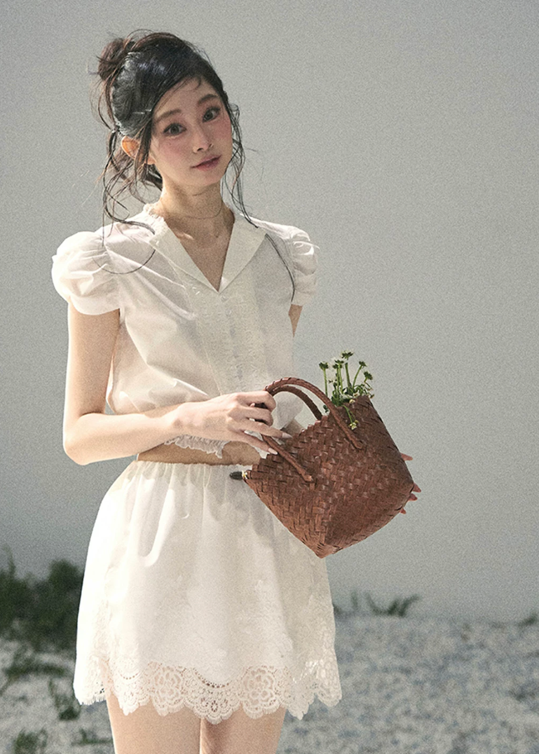 aomalm set, lace two piece set, white crop top skirt set, korean feminine set, french lace outfit, romantic summer set, lace mini skirt set, early summer outfit, feminine korean fashion, white lace top, garden style outfit, summer skirt set