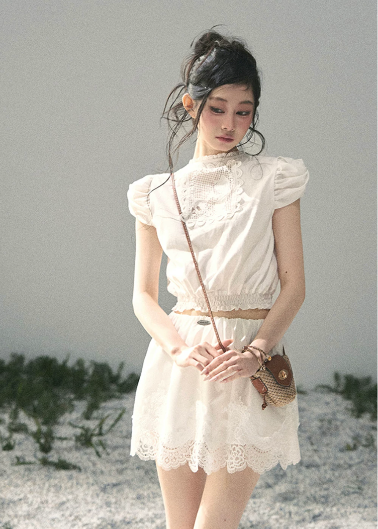 aomalm set, lace two piece set, white crop top skirt set, korean feminine set, french lace outfit, romantic summer set, lace mini skirt set, early summer outfit, feminine korean fashion, white lace top, garden style outfit, summer skirt set