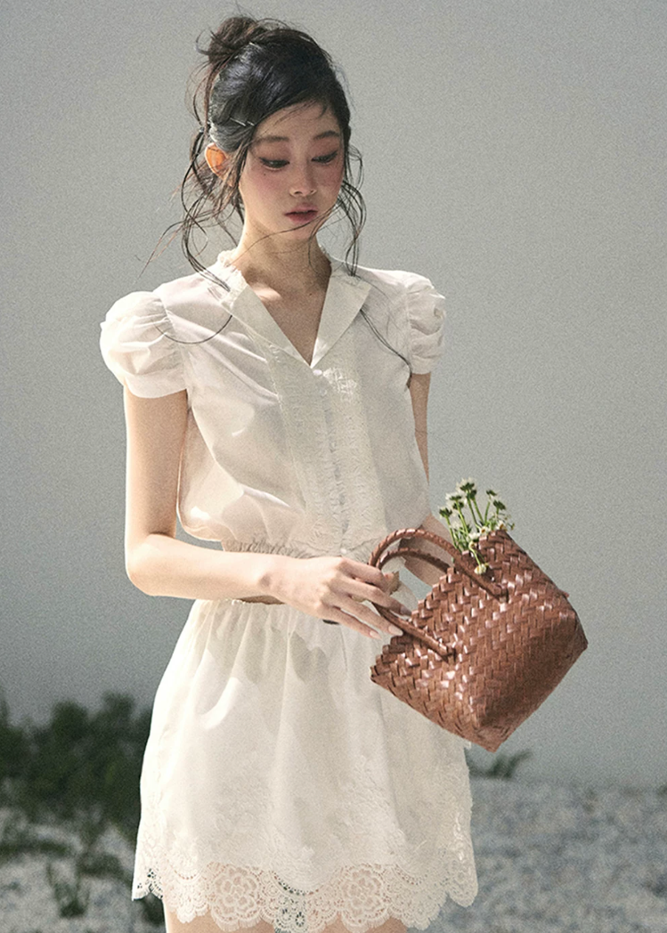 aomalm set, lace two piece set, white crop top skirt set, korean feminine set, french lace outfit, romantic summer set, lace mini skirt set, early summer outfit, feminine korean fashion, white lace top, garden style outfit, summer skirt set