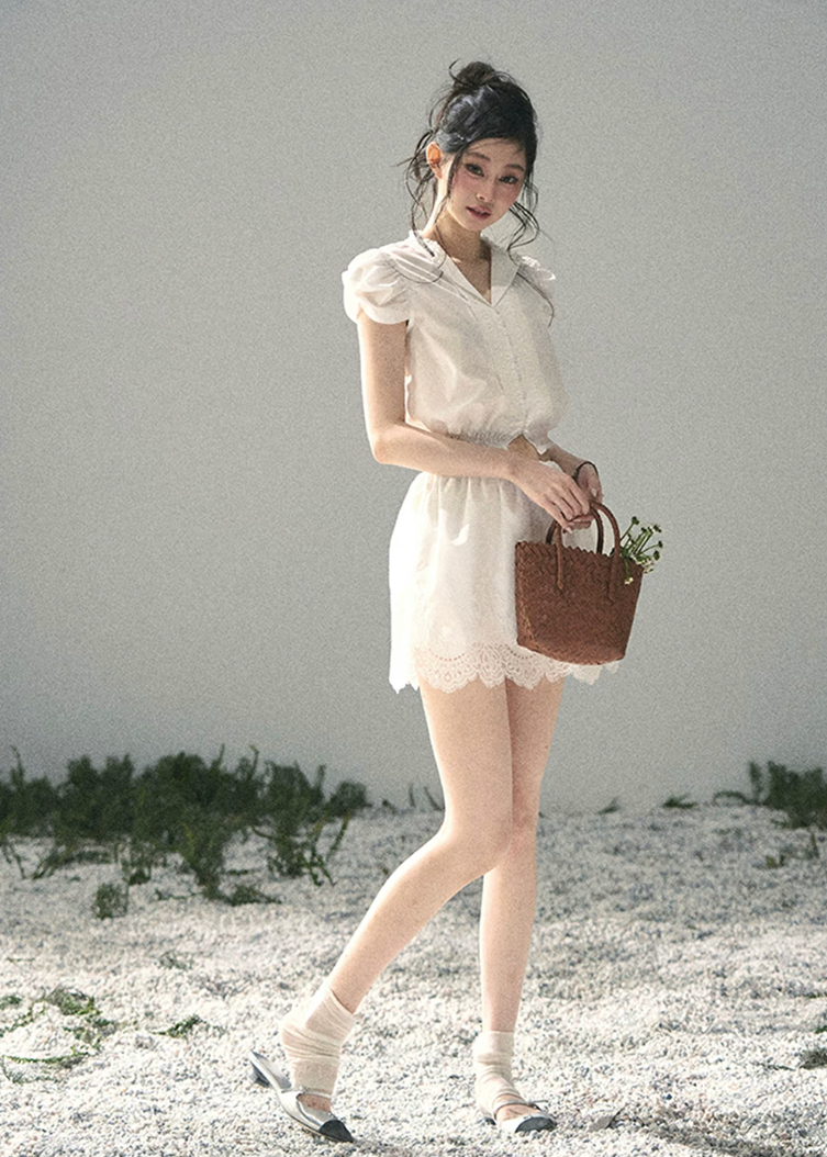 aomalm set, lace two piece set, white crop top skirt set, korean feminine set, french lace outfit, romantic summer set, lace mini skirt set, early summer outfit, feminine korean fashion, white lace top, garden style outfit, summer skirt set