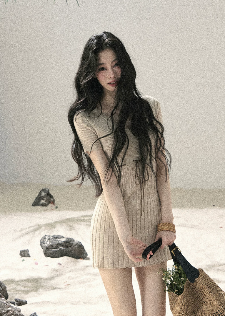 aomalm dress, ribbed knit mini dress, french lace knit dress, beige summer dress, korean feminine dress, waist tie mini dress, lace trim dress, short sleeve knit dress, slim summer dress, romantic knit dress, feminine korean fashion, soft beige mini dress