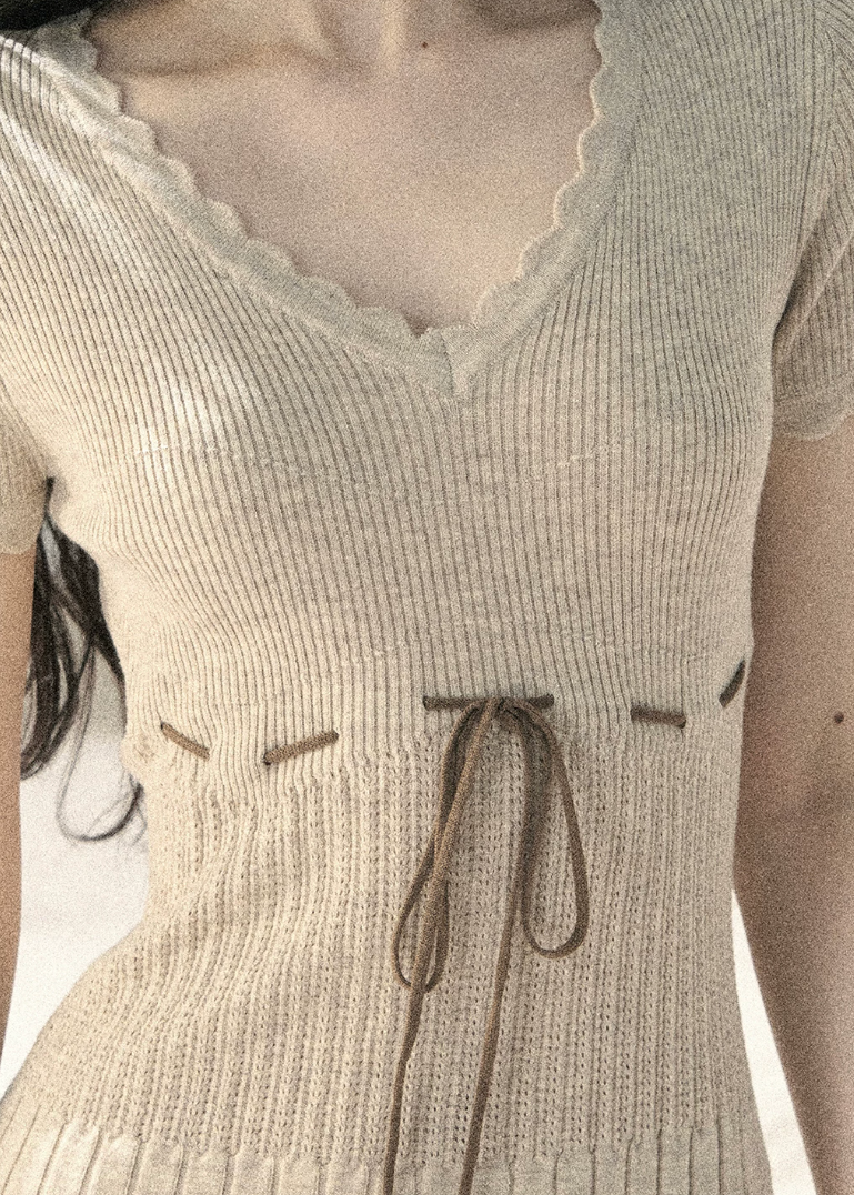 aomalm dress, ribbed knit mini dress, french lace knit dress, beige summer dress, korean feminine dress, waist tie mini dress, lace trim dress, short sleeve knit dress, slim summer dress, romantic knit dress, feminine korean fashion, soft beige mini dress