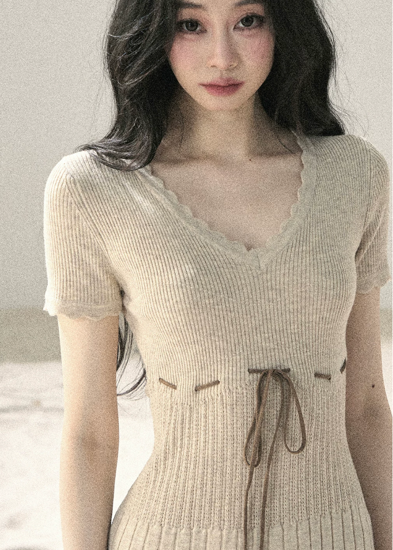 aomalm dress, ribbed knit mini dress, french lace knit dress, beige summer dress, korean feminine dress, waist tie mini dress, lace trim dress, short sleeve knit dress, slim summer dress, romantic knit dress, feminine korean fashion, soft beige mini dress