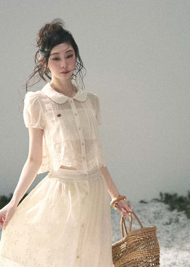 aomalm set, lace two piece set, french blouse skirt set, korean feminine set, lyocell skirt set, romantic summer outfit, lace blouse and skirt, white two piece set, feminine korean fashion, long skirt set, french garden outfit, summer lace set