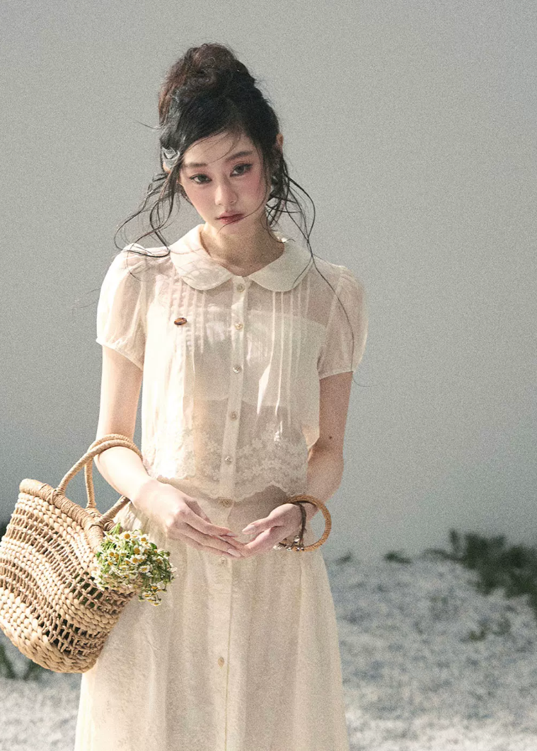 aomalm set, lace two piece set, french blouse skirt set, korean feminine set, lyocell skirt set, romantic summer outfit, lace blouse and skirt, white two piece set, feminine korean fashion, long skirt set, french garden outfit, summer lace set