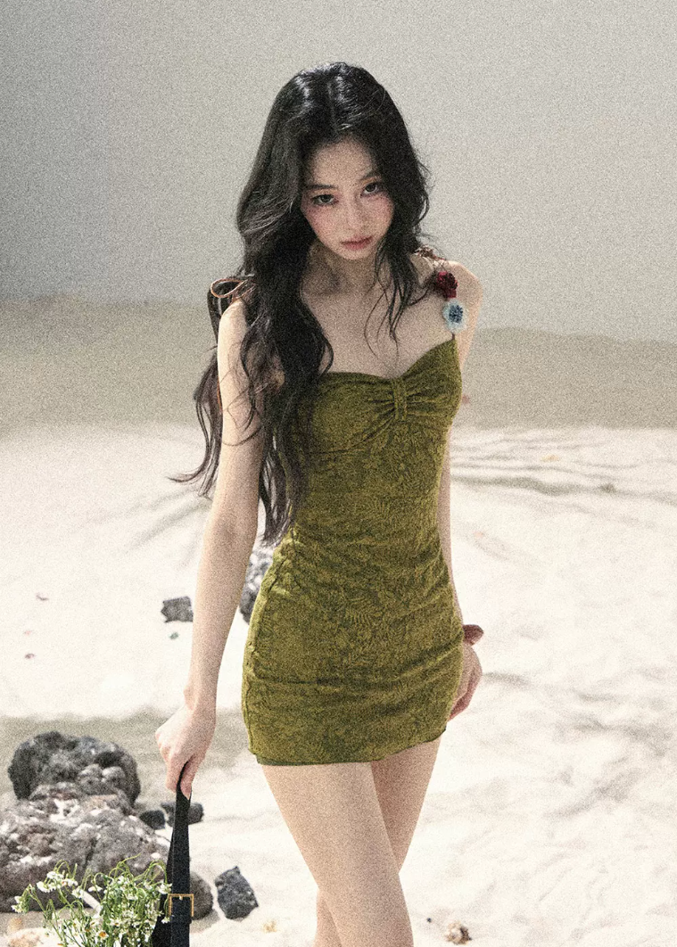 aomalm dress, spaghetti strap mini dress, olive mini dress, bodycon mini dress, french mini dress, korean feminine dress, fitted summer dress, sexy summer mini dress, textured lace dress, pencil mini dress, romantic mini dress, women’s summer dress