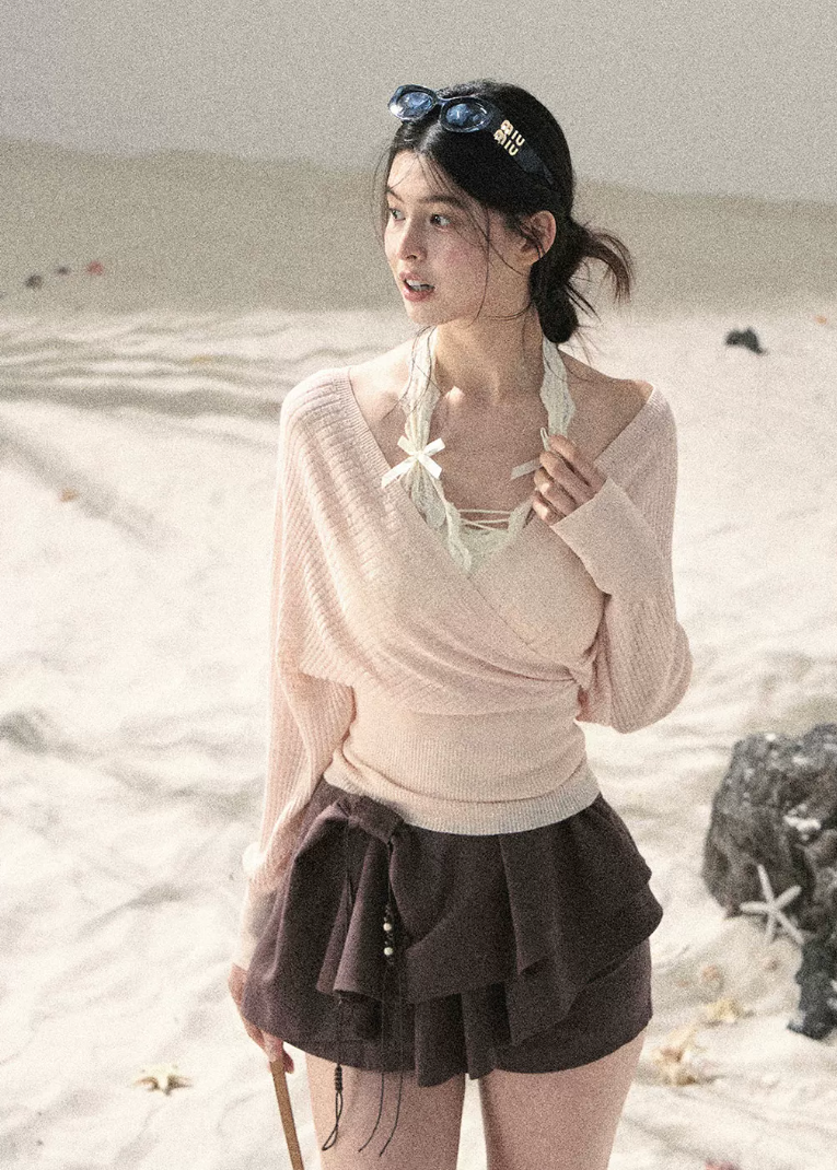 aomalm top, pink cover up top, v neck summer top, korean feminine top, sunscreen cover up women, lightweight summer layer, french style cover up, dopamine summer top, sheer wrap top, resort cover up top, feminine korean fashion, beach cover up blouse